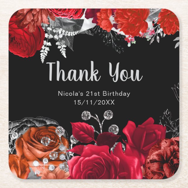 Elegant Red and Silver Flowers Birthday Party Square Paper Coaster (Front)