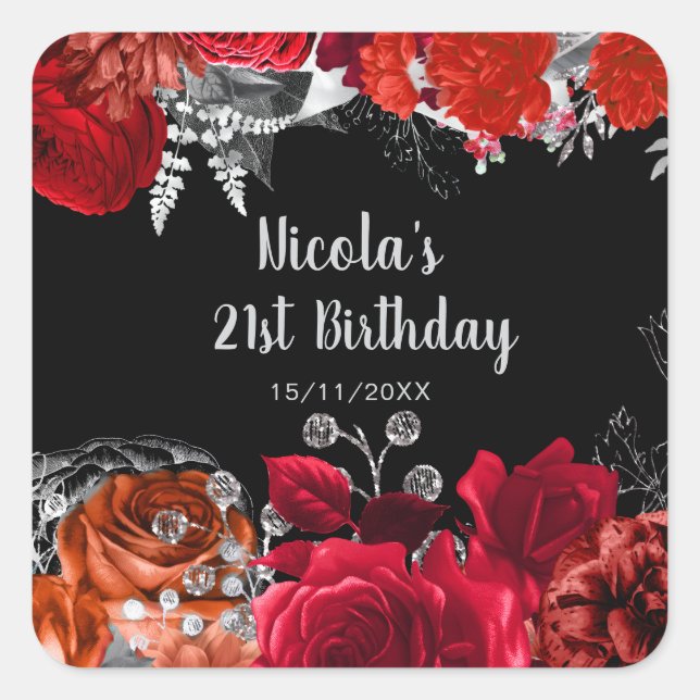 Elegant Red and Silver Flowers Birthday Party Square Sticker (Front)