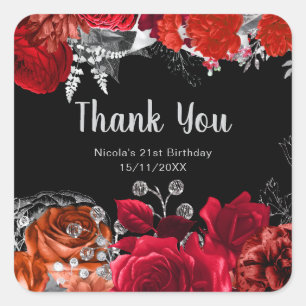Elegant Red and Silver Flowers Birthday Party Square Sticker