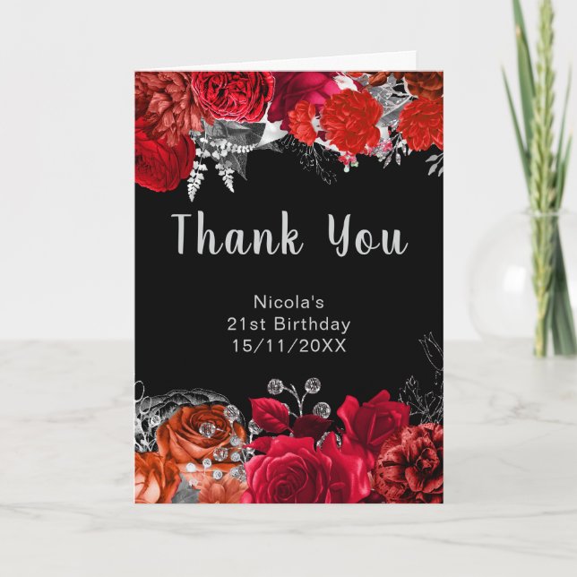 Elegant Red and Silver Flowers Birthday Party Thank You Card (Front)