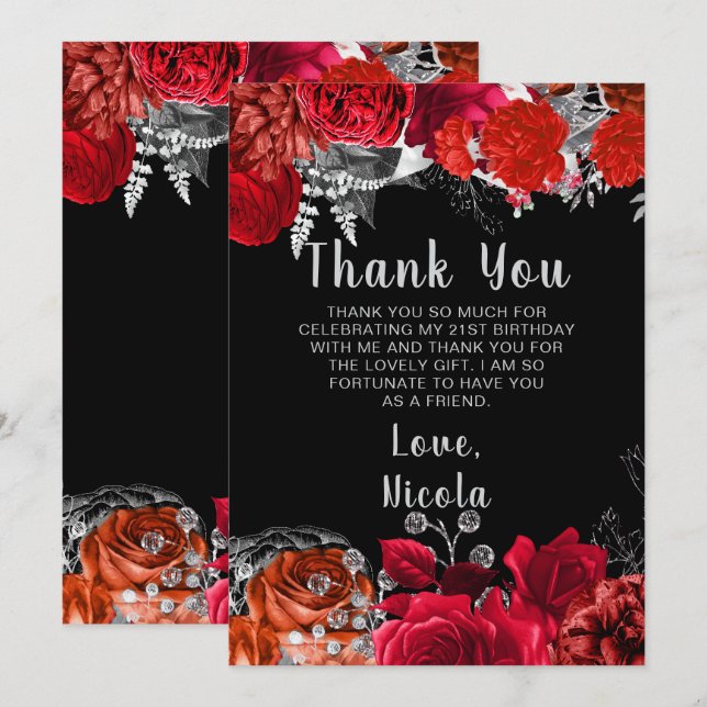 Elegant Red and Silver Flowers Birthday Party Thank You Card (Front/Back)
