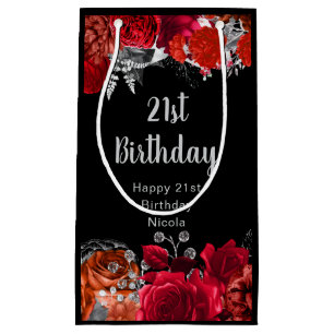 Elegant Red and Silver Flowers Birthday Small Gift Bag