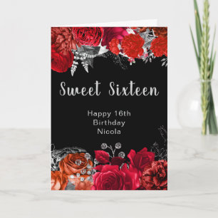 Elegant Red and Silver Flowers Sweet Sixteen Card