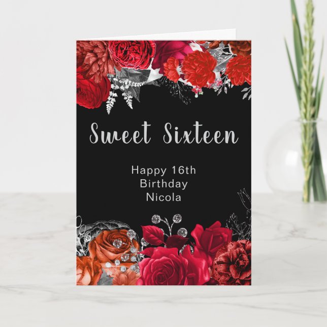 Elegant Red and Silver Flowers Sweet Sixteen Card (Front)