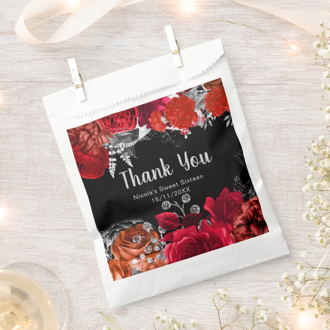 Elegant Red and Silver Flowers Sweet Sixteen  Favour Bags (Clipped)