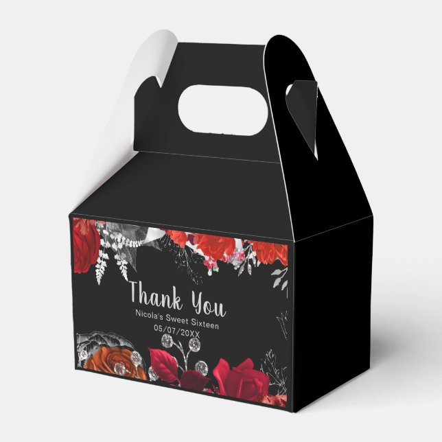 Elegant Red and Silver Flowers Sweet Sixteen  Favour Box (Front Side)