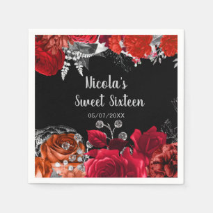 Elegant Red and Silver Flowers Sweet Sixteen Napkin