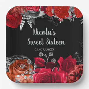 Elegant Red and Silver Flowers Sweet Sixteen  Paper Plate