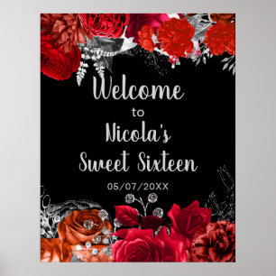 Elegant Red and Silver Flowers Sweet Sixteen Poster