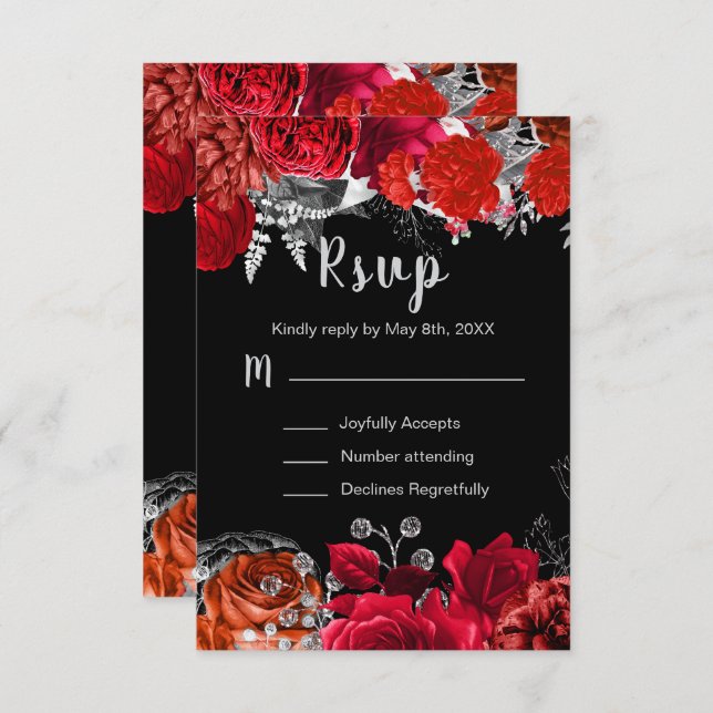 Elegant Red and Silver Flowers Sweet Sixteen RSVP Card (Front/Back)