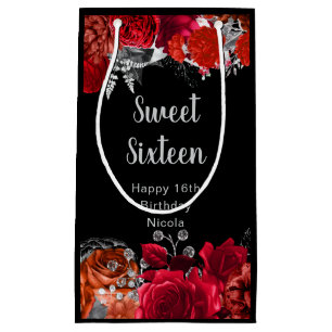 Elegant Red and Silver Flowers Sweet Sixteen  Small Gift Bag