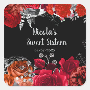 Elegant Red and Silver Flowers Sweet Sixteen Square Sticker