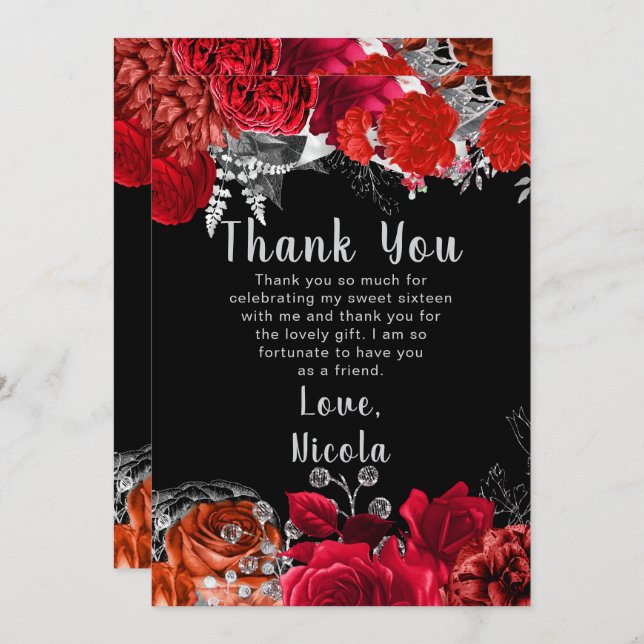 Elegant Red and Silver Flowers Sweet Sixteen Thank You Card (Front/Back)