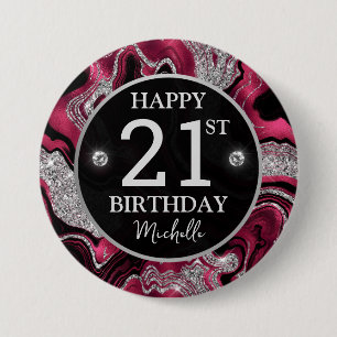 Elegant Red and Silver Glitter Agate Birthday 7.5 Cm Round Badge