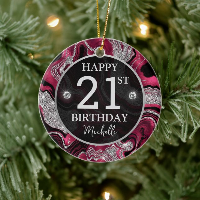 Elegant Red and Silver Glitter Agate Birthday Ceramic Tree Decoration (Tree)