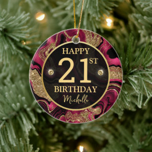 Elegant Red and Silver Glitter Agate Birthday Ceramic Tree Decoration