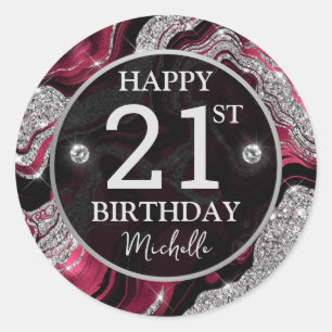 Elegant Red and Silver Glitter Agate Birthday Classic Round Sticker