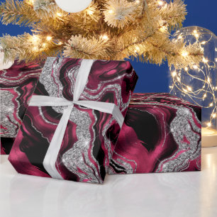 Elegant Red and Silver Glitter Agate Birthday Wrapping Paper