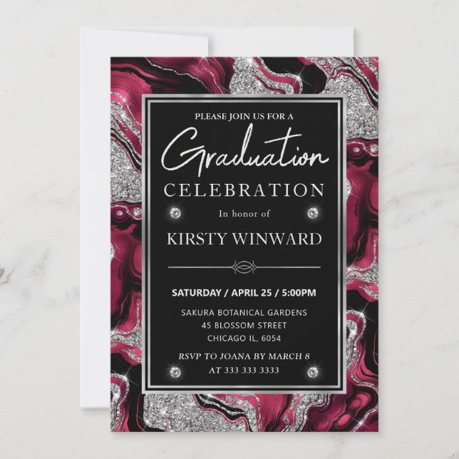 Elegant Red and Silver Glitter Agate Graduation Invitation (Front)
