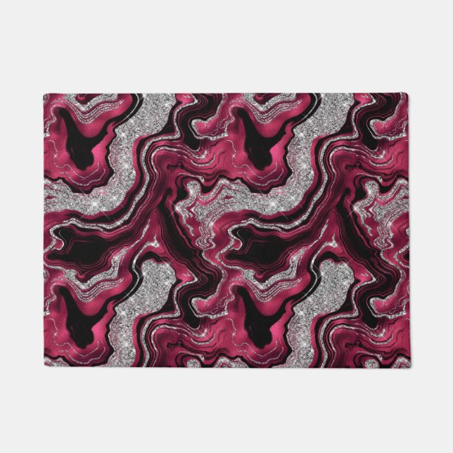 Elegant Red and Silver Glitter Agate Pattern Doormat (Front)