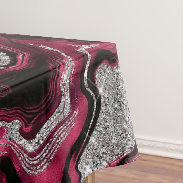 Elegant Red and Silver Glitter Agate Pattern Tablecloth (In Situ)
