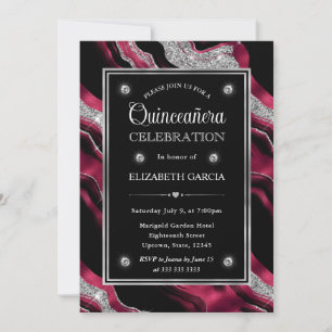 Elegant Red and Silver Glitter Agate Quinceanera Invitation