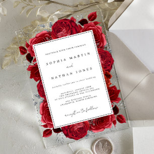 Elegant Red And Silver Rose Clear Wedding Acrylic Invitations