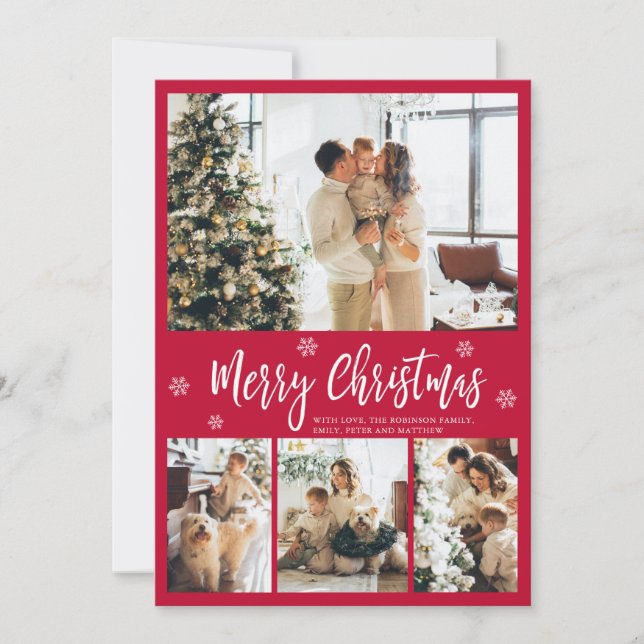 Elegant Red and White 4 Photo Collage Christmas Ho Holiday Card (Front)
