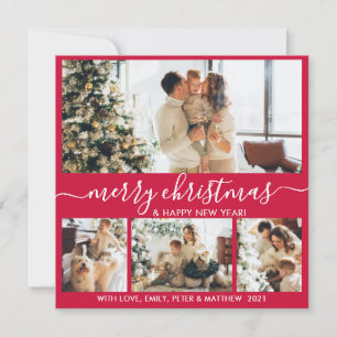 Elegant Red and White 4 Photo Collage Christmas Holiday Card