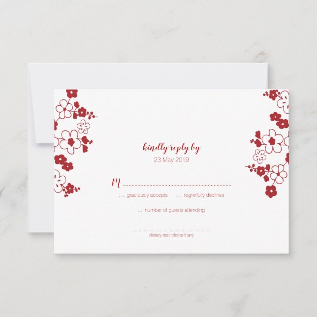 Elegant Red and White Cherry Blossom Oriental RSVP Card (Front)