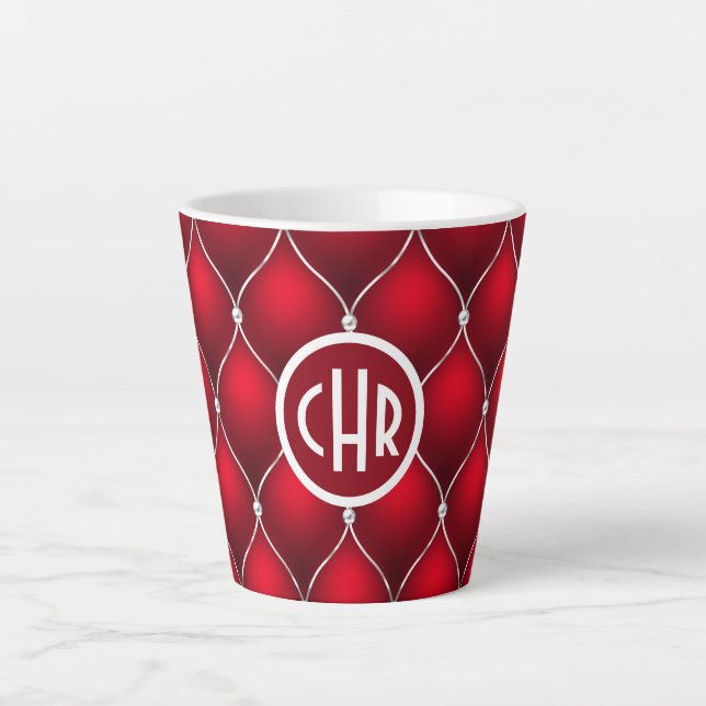 Elegant Red and White Criss-Cross Pattern Latte Mug (Front)