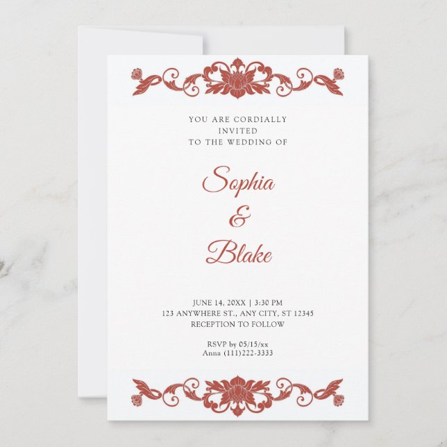 Elegant Red and White Floral Art Deco Wedding Invitation (Front)