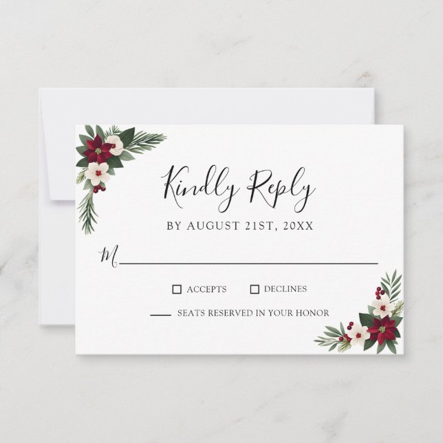 Elegant Red and White Floral Greenery Wedding RSVP (Front)