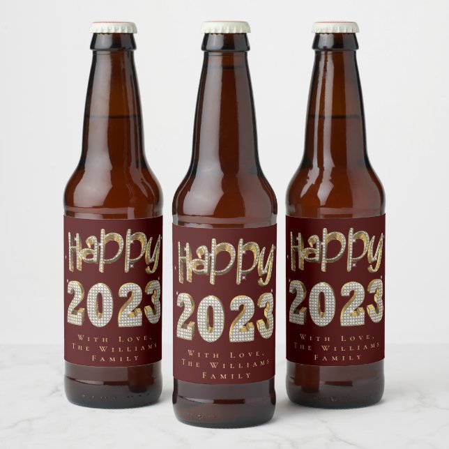 Elegant Red and White Gold Happy New Year 2023 Beer Bottle Label (Bottles)