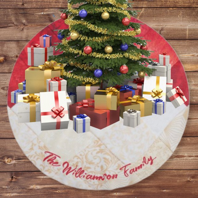 Elegant Red and White Patchwork Pattern Christmas Brushed Polyester Tree Skirt (Creator Uploaded)