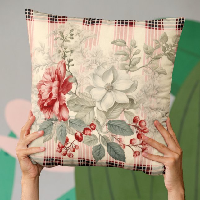 Elegant Red And White Plaid Floral Cushion (Creator Uploaded)