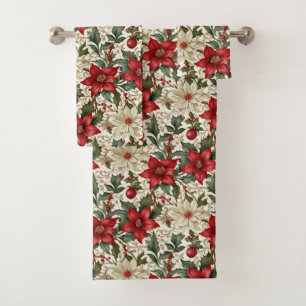 Elegant Red and White Poinsettia  Bath Towel Set