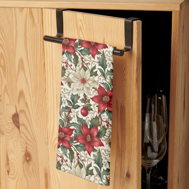 Elegant Red and White Poinsettia  Tea Towel (Thirds Fold)