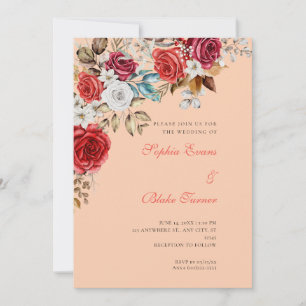 Elegant Red and White Roses Apricot Orange Wedding Invitation