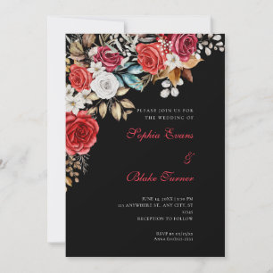 Elegant Red and White Roses Black Wedding Invitation