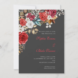 Elegant Red and White Roses Shadow Grey Wedding Invitation