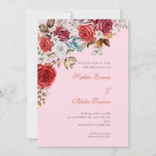 Elegant Red and White Roses Soft Pink Wedding Invitation