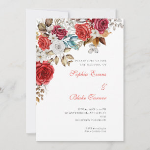 Elegant Red and White Roses White Wedding Invitation