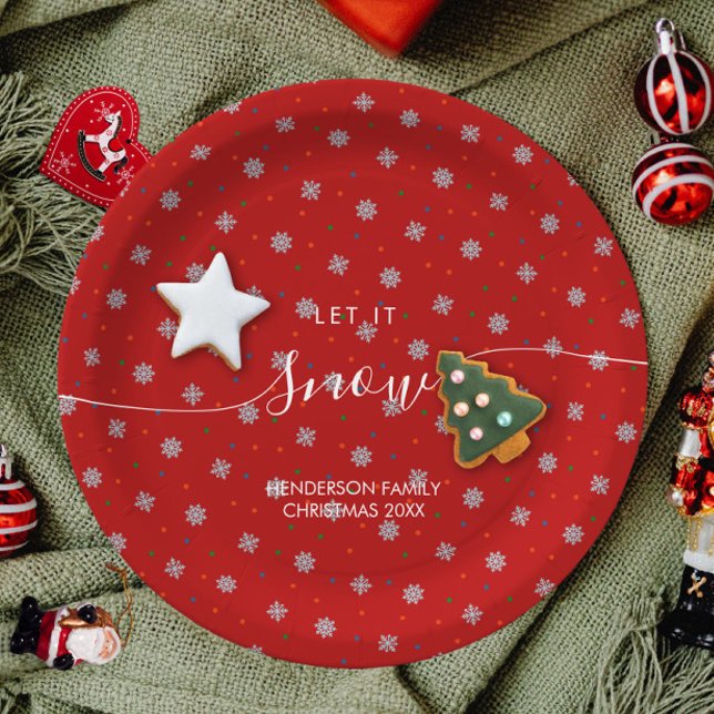 Elegant red and white snowflakes custom paper plate (Let it snow custom red Christmas plate with snowflakes and personalized)