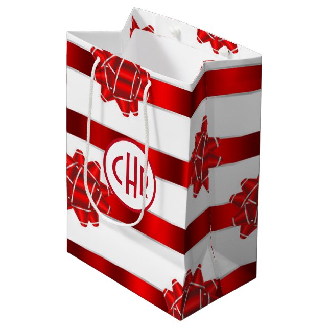 Elegant Red and White Stripes with Ribbon Medium Gift Bag (Front Angled)