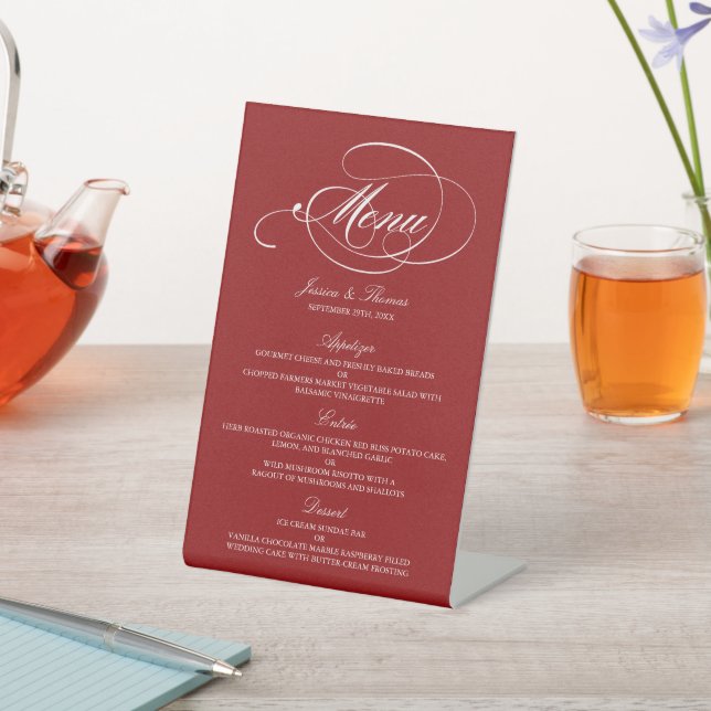Elegant Red And White Wedding Menu Templates Pedestal Sign (In SItu)