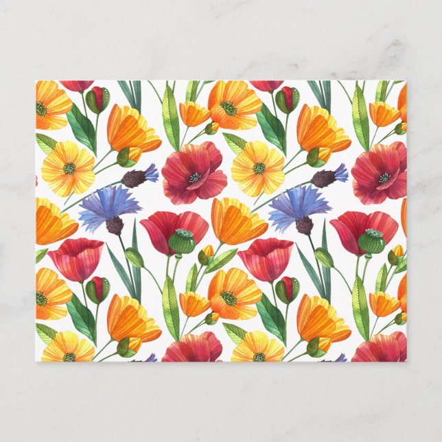 Elegant Red and Yellow Poppy Flowers, Cornflowers Postcard (Front)