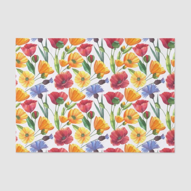 Elegant Red and Yellow Poppy Flowers, Cornflowers Tissue Paper (Front)