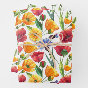 Elegant Red and Yellow Poppy Flowers, Cornflowers Wrapping Paper Sheet
