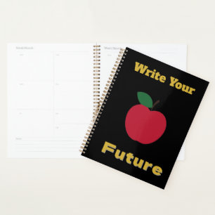Elegant Red Apple Notebook – Gold Text on Black Planner